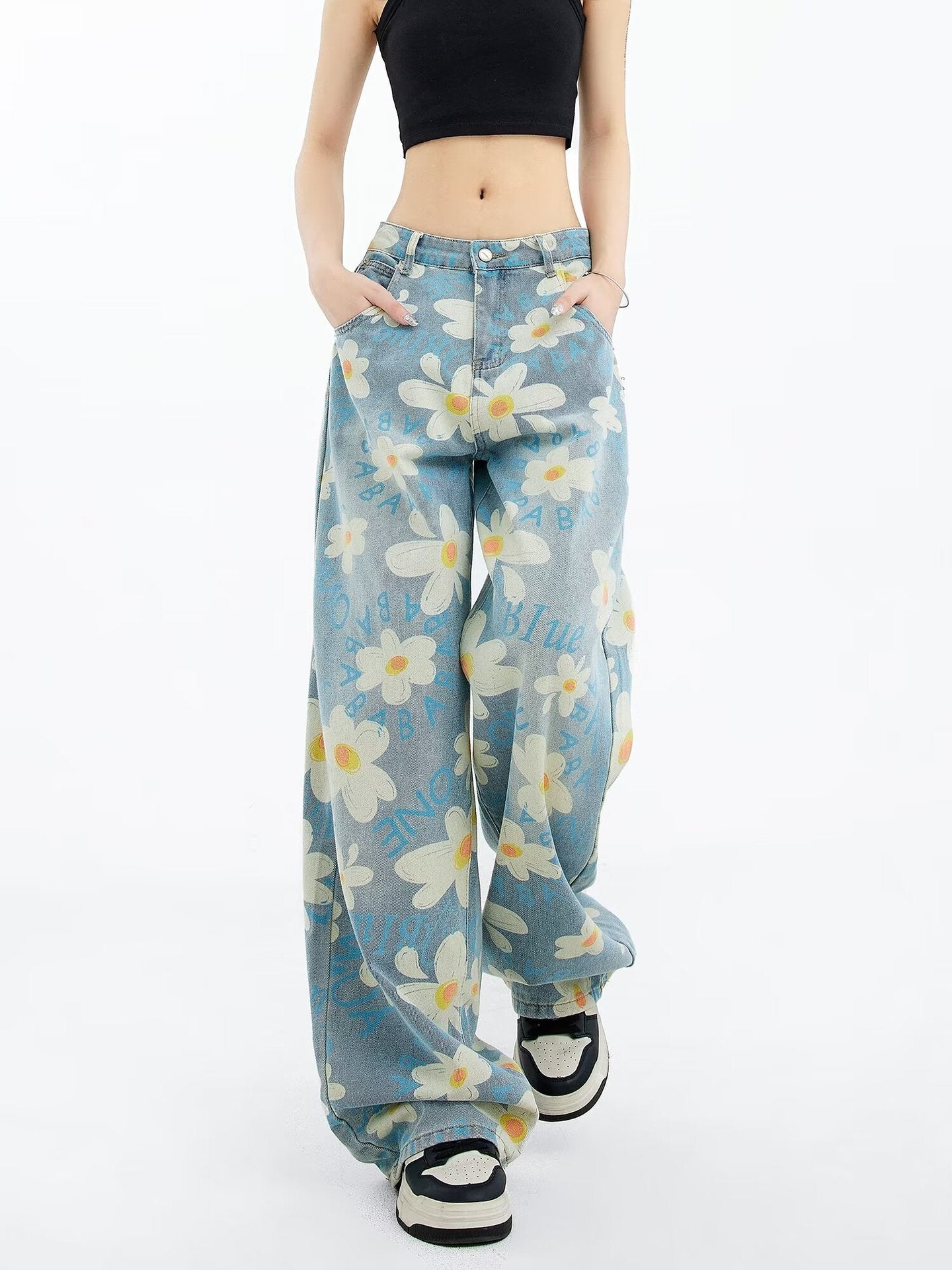New Summer Printed Floral Wide-leg Washed Jeans For Women
