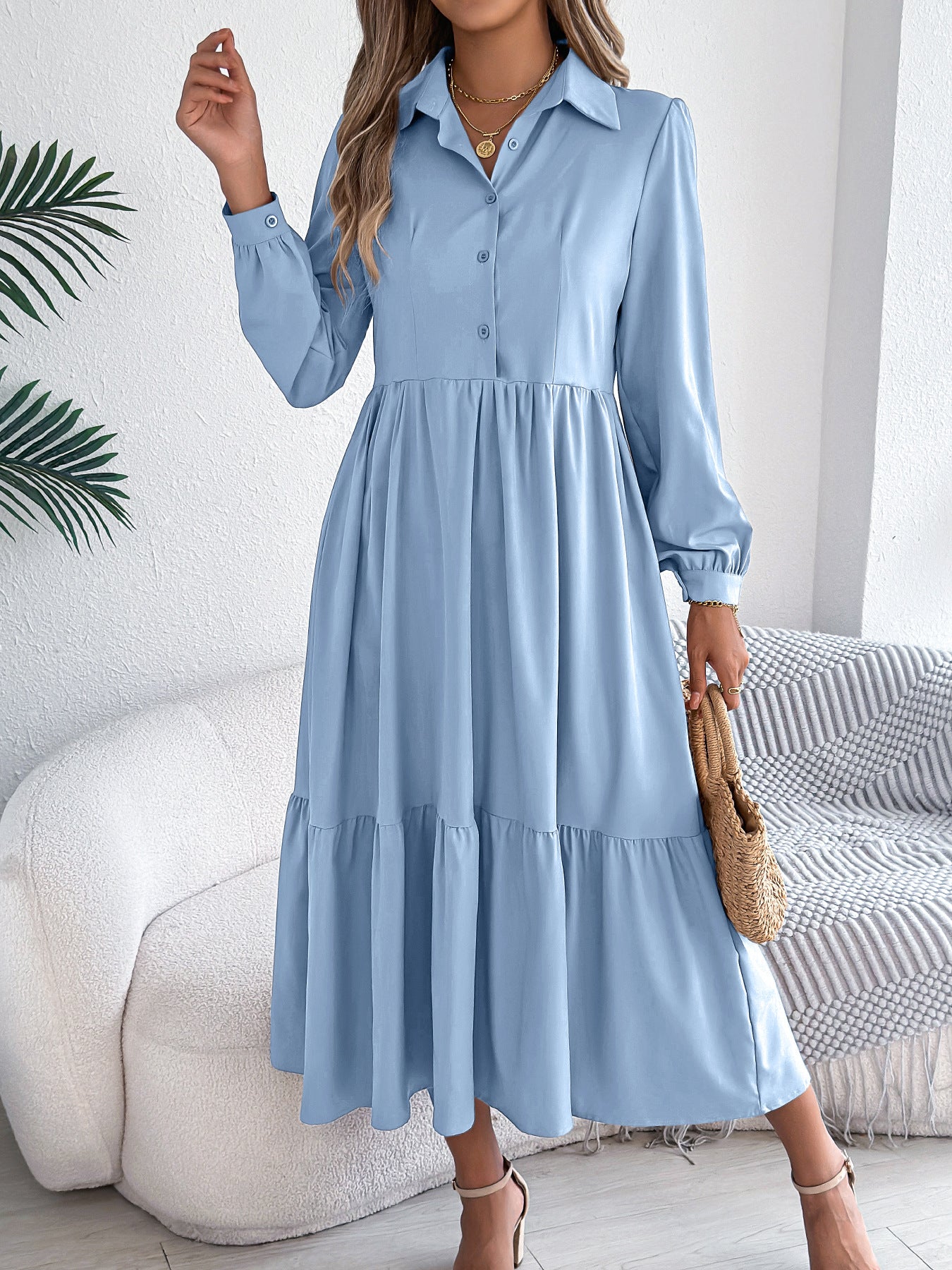 Women's Lapel Casual Loose Long Sleeve Ruffled Shirt Dresses Long Sleeved Turn-down Collar Single-Breasted Dress Spring Autumn Fashion Women's Clothing For Vacation