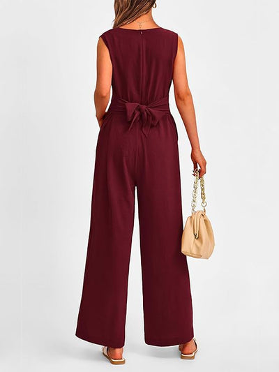 New V-neck Sleeveless Long Jumpsuit With Pockets And Lace-up Design Wide-leg Straight Trousers Summer Womens Clothing