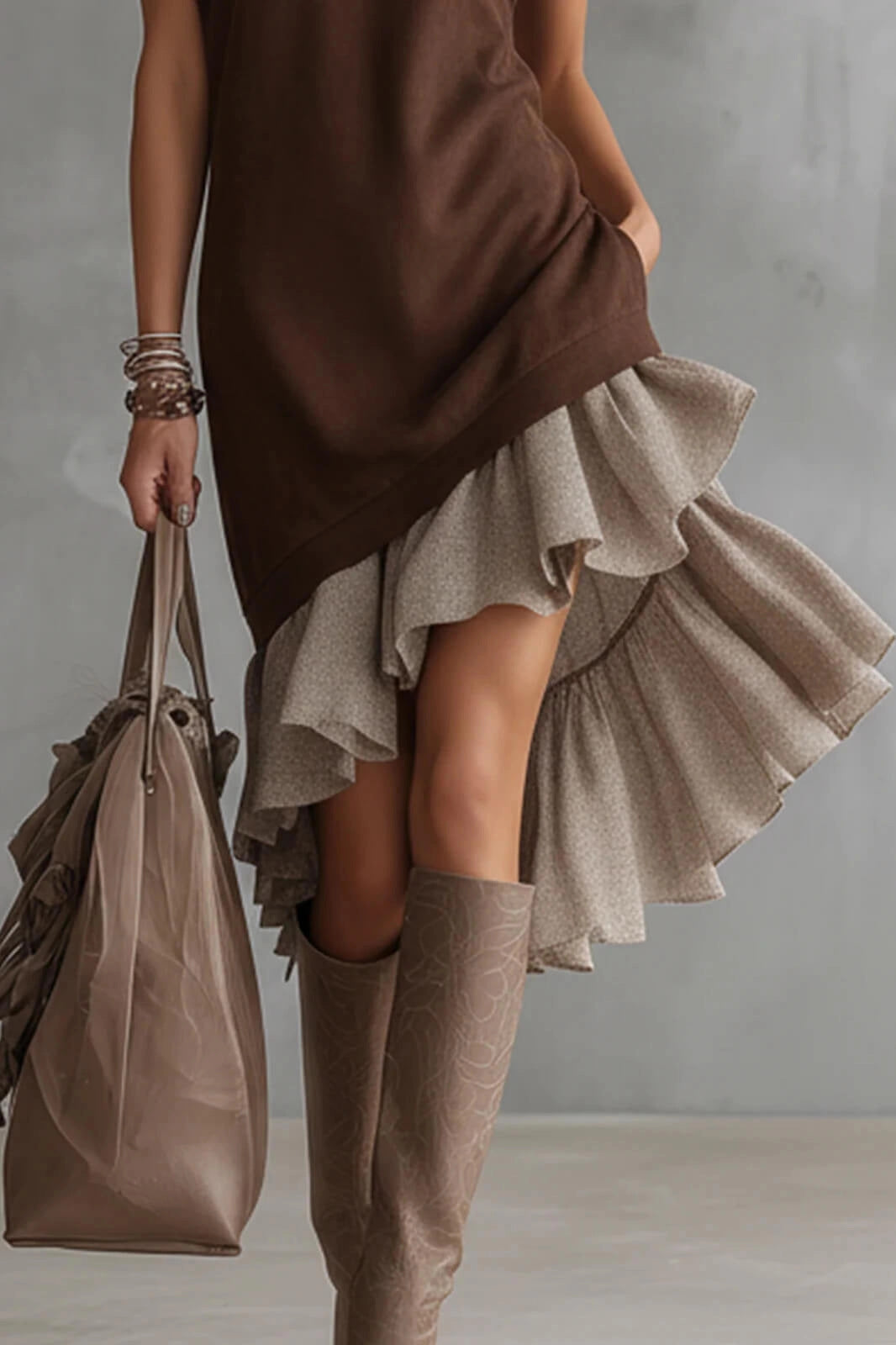 Solid-color Casual European-American Style Flounced Midi Skirt