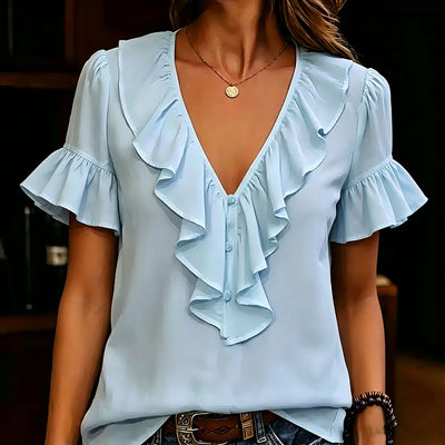 Womens Short-Sleeved T-Shirt With Ruffled Hem And V-Neck