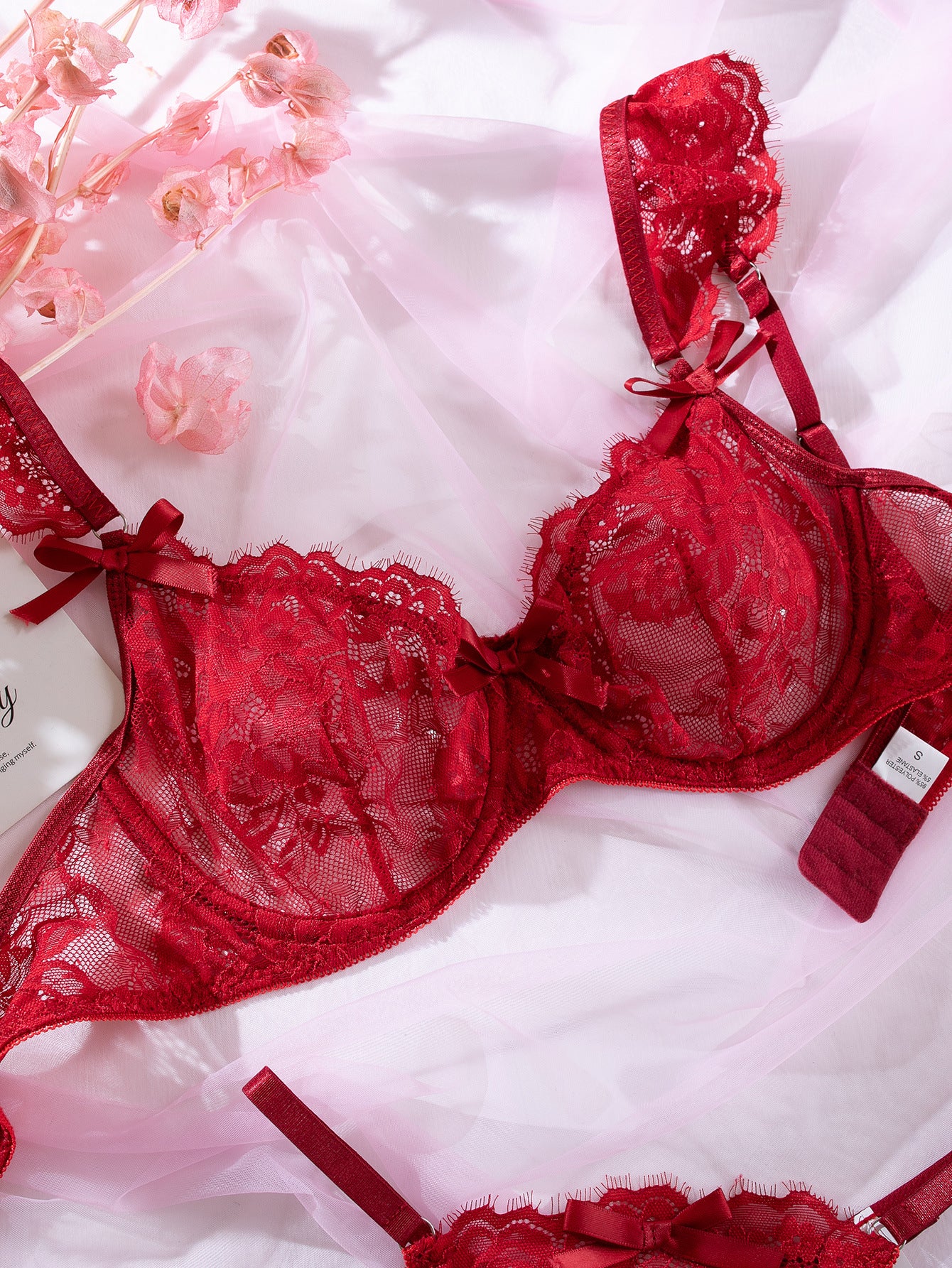 Lace Ruffle-Cuffed Sleeve Bow-Trim Sexy Lingerie Set For Women