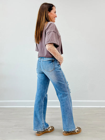 Ripped Jeans Slim-fitting Mid-waist Straight-leg Pants Distressed