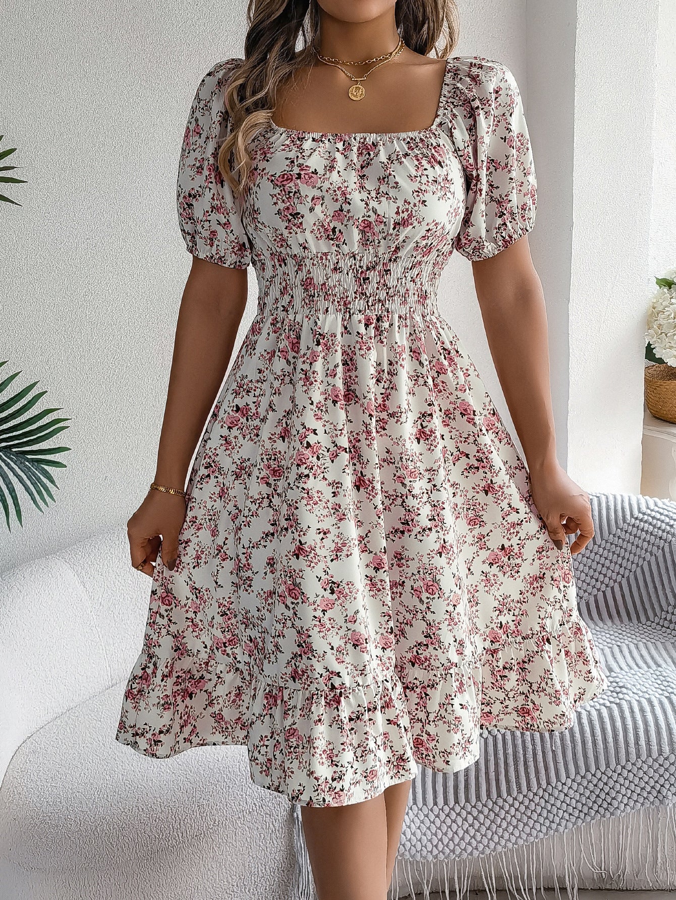 Floral Print Square Collar Dress Summer Fashion Ruffles Dresses Women's Clothing