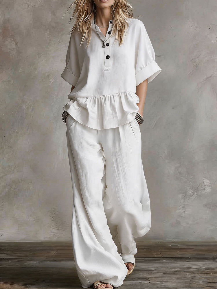 Womens Casual V-Neck Pullover Short-Sleeve Pants Set