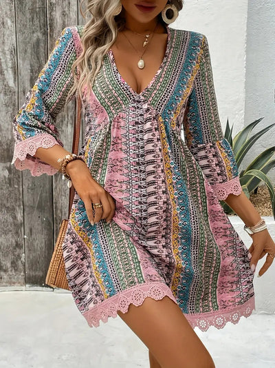 Bohemian Style V-neck Printed Dress Fashion Casual Loose Beach Dresses For Women