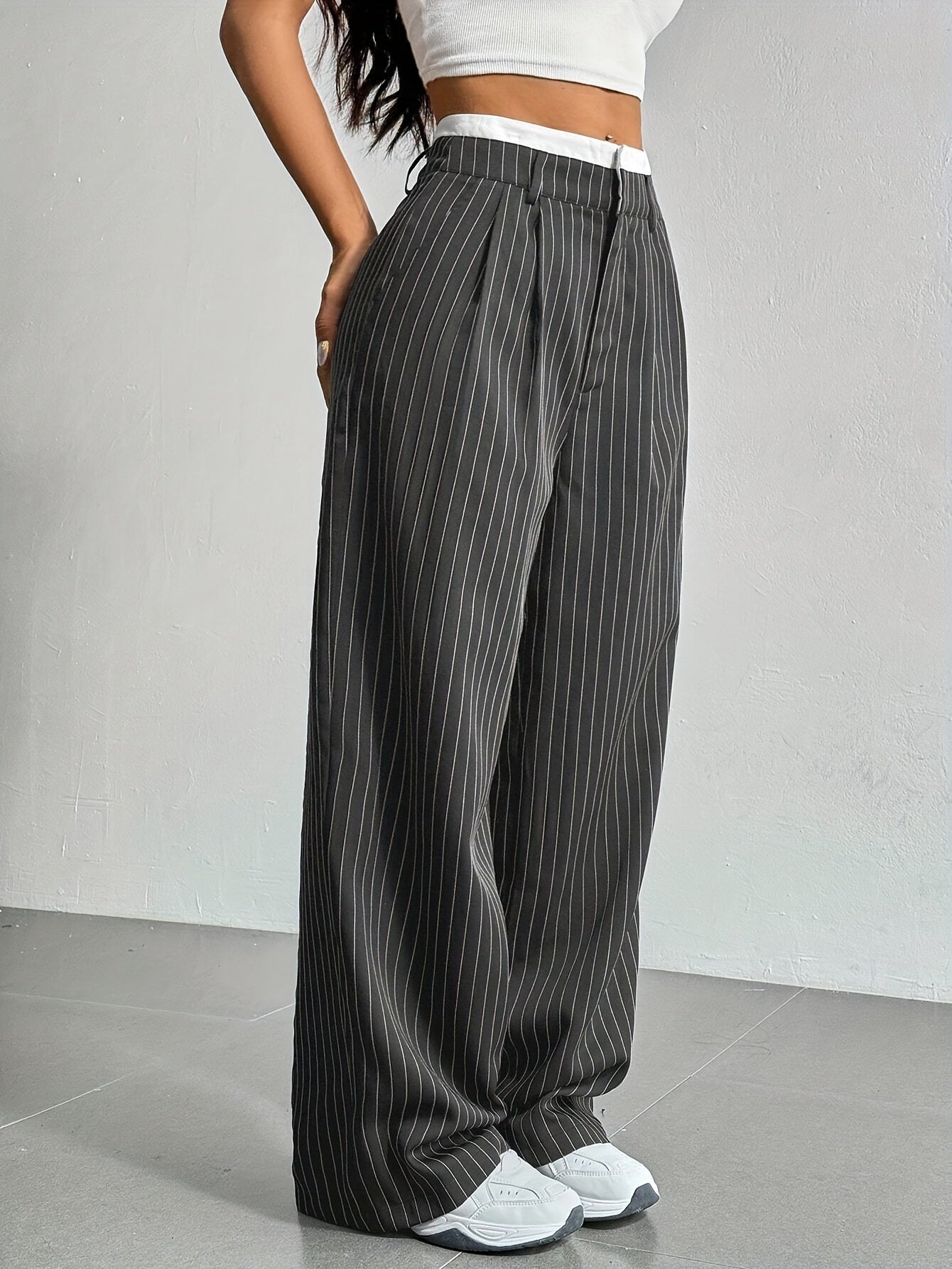 Stripe Printed Trousers Fashion High Waist Straight Leg Pants With Pocket Zipper Casual Suit Pants For Women