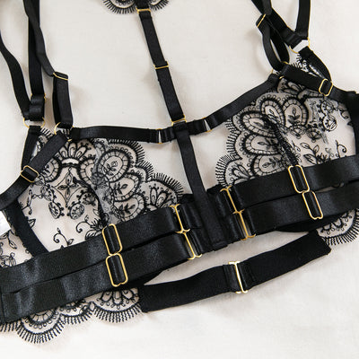 Women's Solid Color Heavy Embroidery Sheer Sexy Lingerie Set