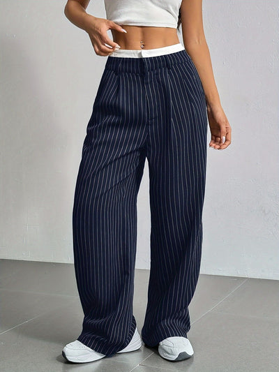 Stripe Printed Trousers Fashion High Waist Straight Leg Pants With Pocket Zipper Casual Suit Pants For Women
