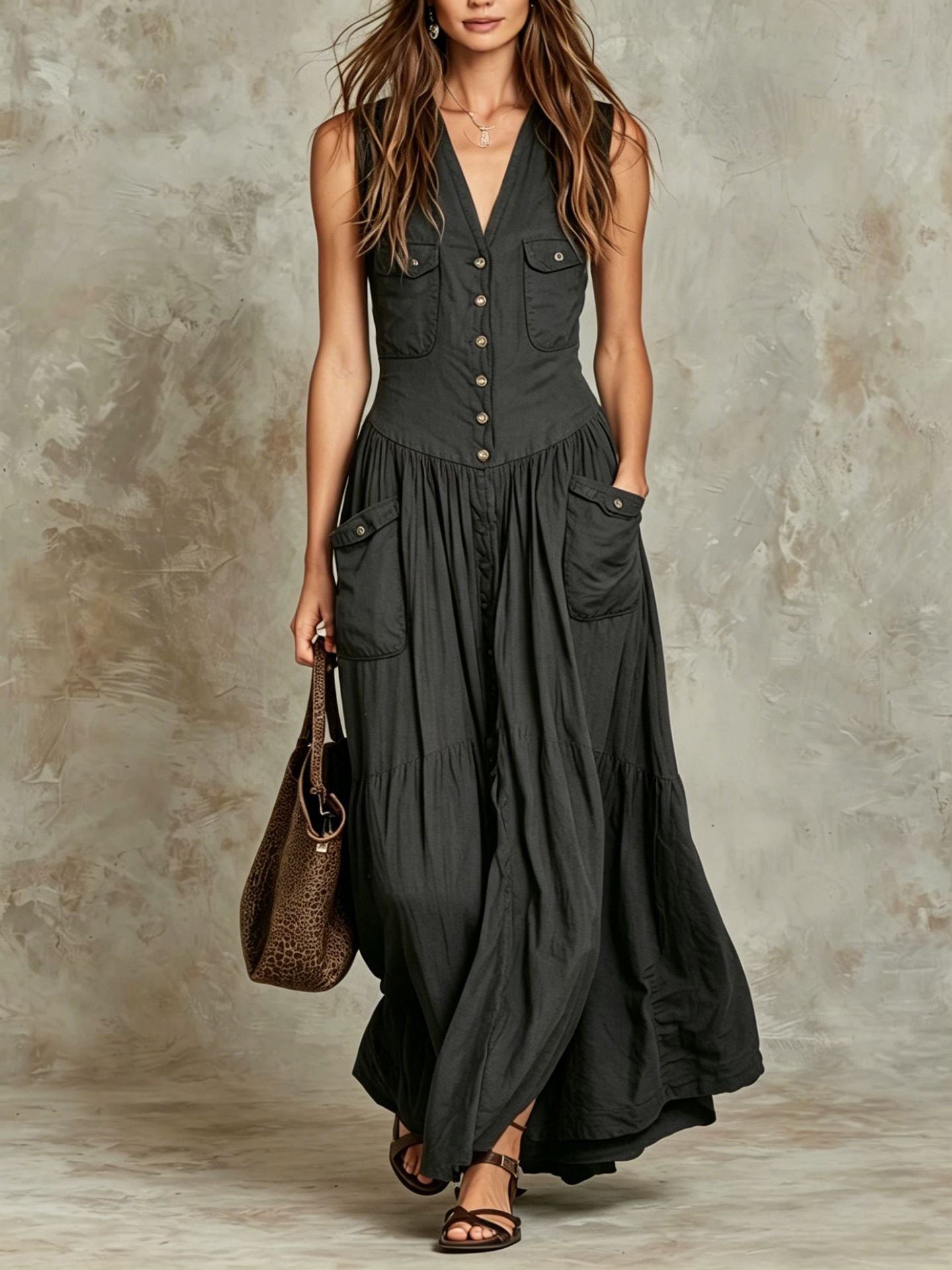 Relaxed-fit Sleeveless Casual V-neck Vintage Dress With Buttons
