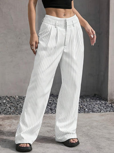 Stripe Printed Trousers Fashion High Waist Straight Leg Pants With Pocket Zipper Casual Suit Pants For Women