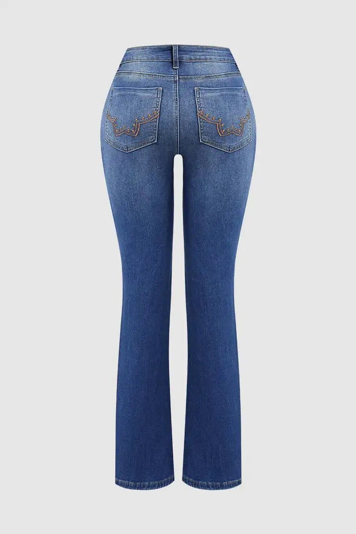 Womens Retro Beaded Embroidered Stretch Denim Jeans