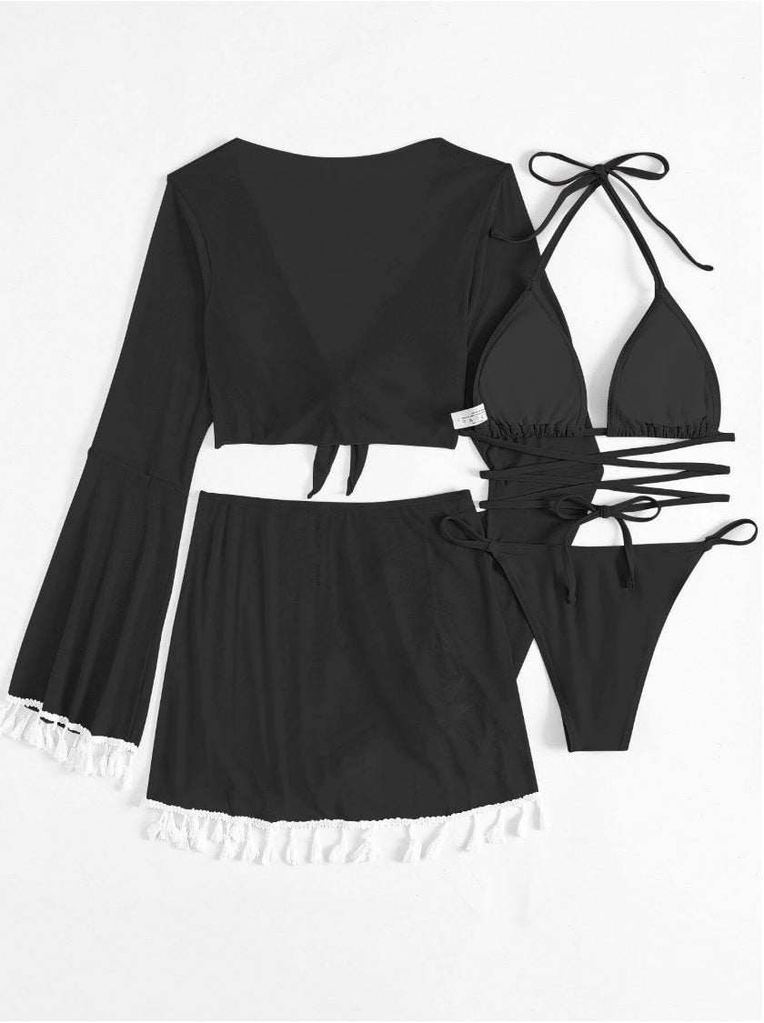4pcs Solid Color Bikini With Short Skirt And Long Sleeve Cover-up Fashion Bow Tie Fringed Swimsuit Set Summer Beach Womens Clothing