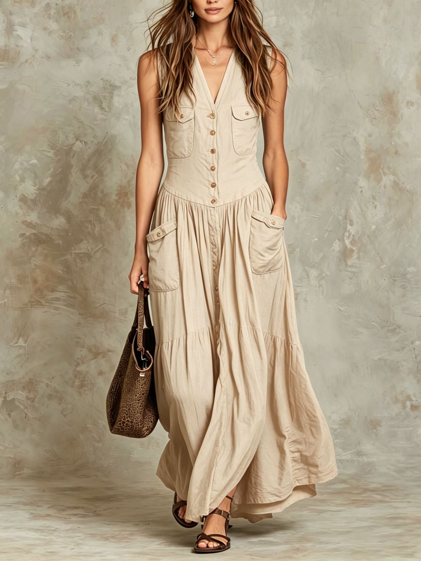 Relaxed-fit Sleeveless Casual V-neck Vintage Dress With Buttons