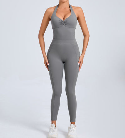 European And American Halter Side Pockets Yoga Jumpsuit