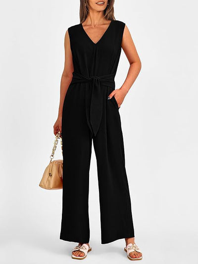 New V-neck Sleeveless Long Jumpsuit With Pockets And Lace-up Design Wide-leg Straight Trousers Summer Womens Clothing