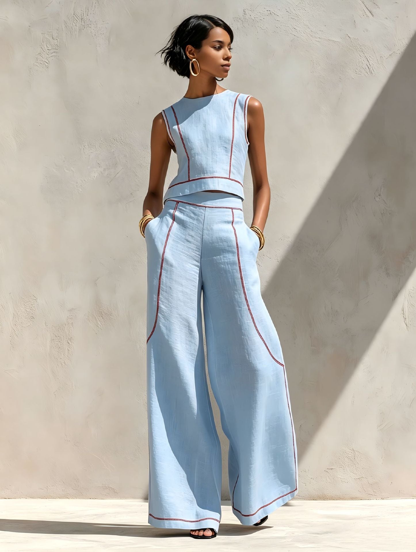 Sleeveless Color-Block Wide-Leg Pants Set Womens Summer Casual Chic Two-Piece Outfit