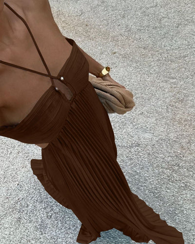 Ins Pleated Sleeveless Sling Dress Hollow High Waist Halter Robe Dresses For Evening Party Club Clothing Women