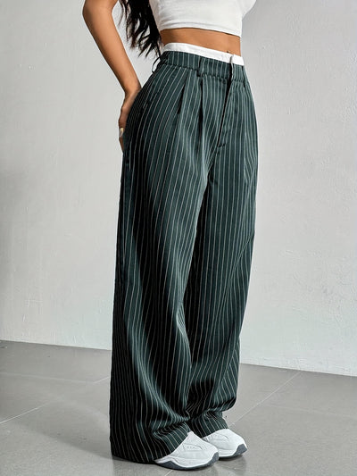 Stripe Printed Trousers Fashion High Waist Straight Leg Pants With Pocket Zipper Casual Suit Pants For Women