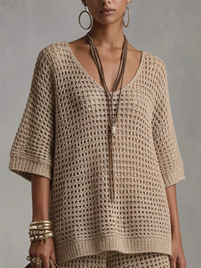 Wool Summer Loose-fit V-neck Short-sleeve Top And High-waisted Shorts Set