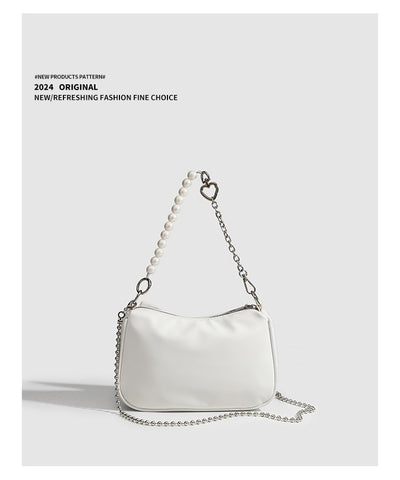 Black White PU Bow Handbags Autumn Winter Ladies Underarm Tote Bags Fashion Simple Pearl Chain Shoulder Bag Small Purse