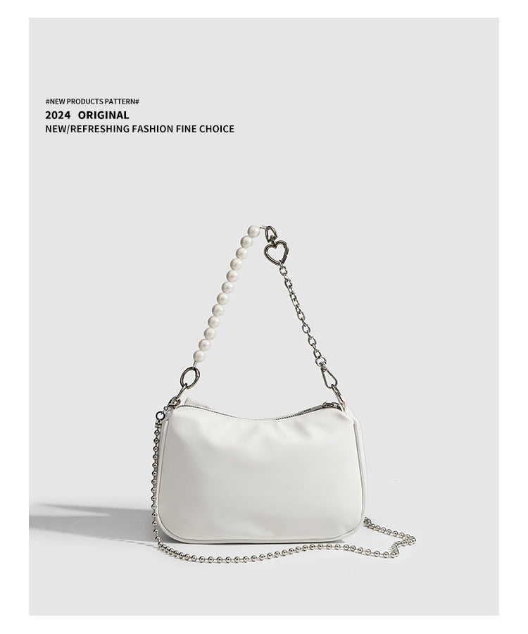 Black White PU Bow Handbags Autumn Winter Ladies Underarm Tote Bags Fashion Simple Pearl Chain Shoulder Bag Small Purse