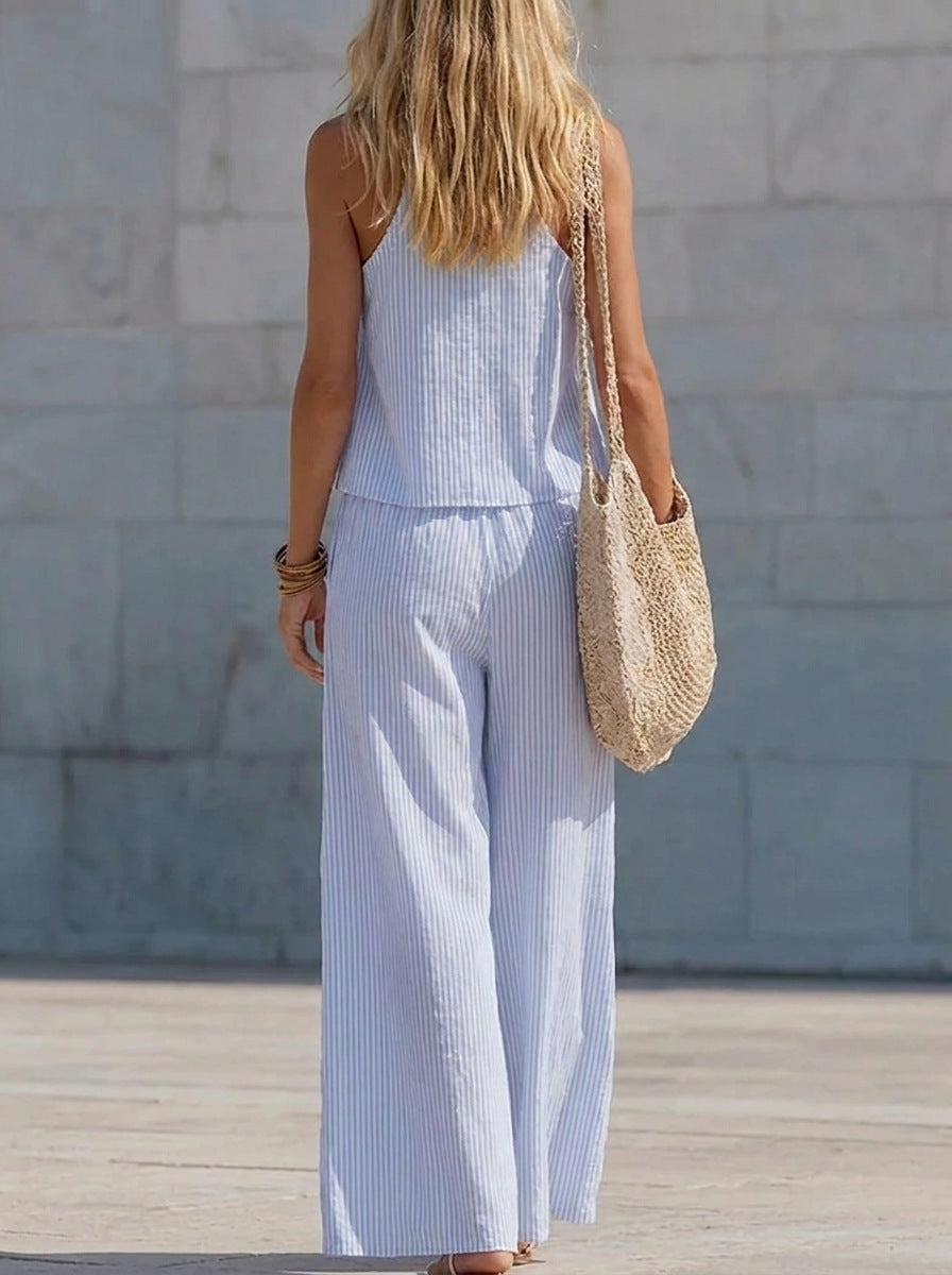 Lace V-neck Pleated Striped Loose-fitting Slimming Wide-leg Pants Set