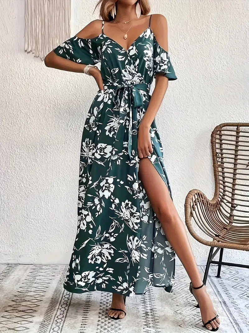 Ins Off-Shoulder Split Dress Summer Floral Print Suspender Long Dresses With Belt Design Women's Beach Clothing
