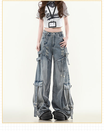 Women's Straight Loose Multi-pocket Cargo Jeans