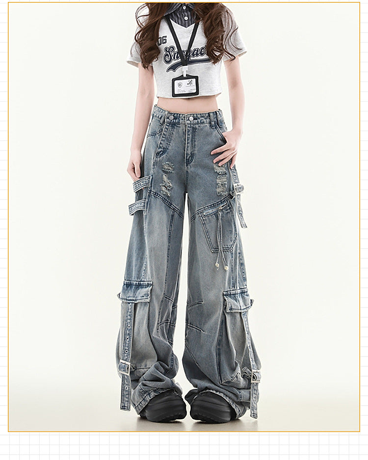 Women's Straight Loose Multi-pocket Cargo Jeans