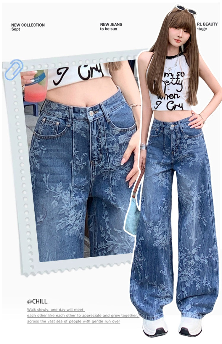 Jacquard Jeans Women's Loose Wide-leg Pants