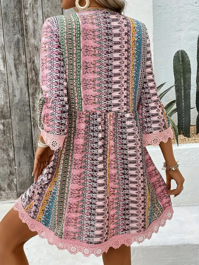 Bohemian Style V-neck Printed Dress Fashion Casual Loose Beach Dresses For Women