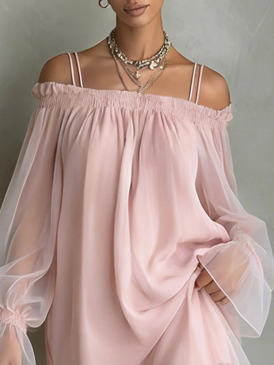 Sexy Sweet Double Strap Vestidos Off Shoulder Dress For Women Vestido Fairy Mini Loose Dresses Summer New Sheer Mesh Long Sleeve
