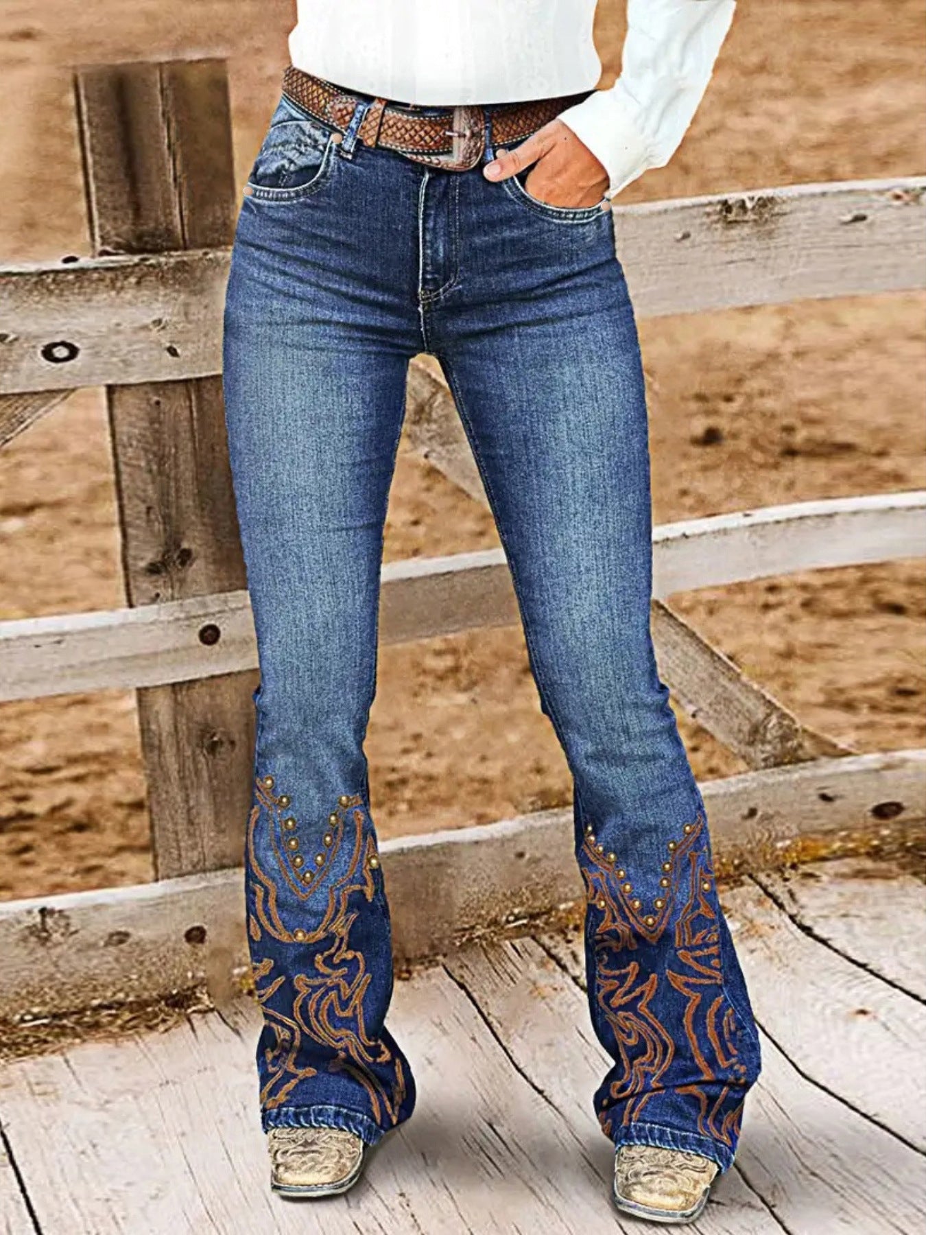 Womens Retro Beaded Embroidered Stretch Denim Jeans