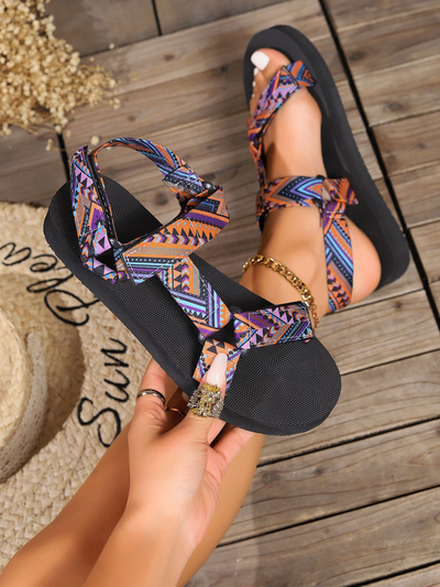 Printed Velcro-design Sandals Summer Ethnic Style Thick Flat Sandals Women's Fashion Casual Beach Shoes