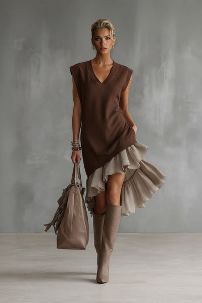 Solid-color Casual European-American Style Flounced Midi Skirt