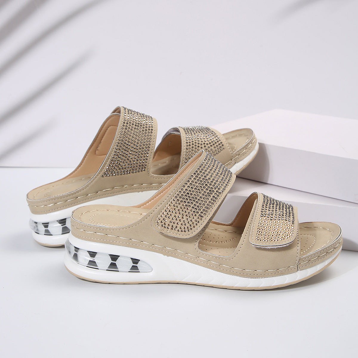 New Air Cushion Wedges Sandals Summer Casual Rhinestone Slides Roman Sandals For Women Non-slip Beach Shoes