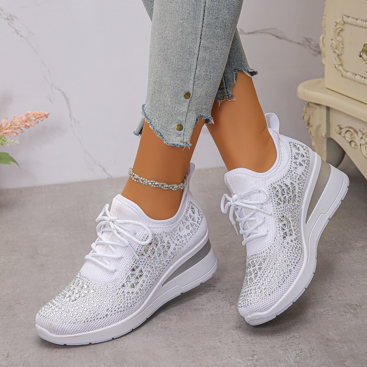 Ins Rhinestone Sneakers Fashion Lace Up Wedges Casual Shoes Women's Daily Commuting Sports Shoes