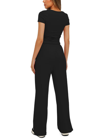 2pcs Solid Color Casual Sports Yoga Suit Short-sleeved Top And High-waisted Drawstring Wide-leg Pants Summer Fashion Set For Womens Clothing