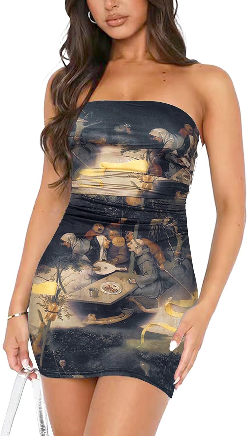 Tube Top Printed Pleated Pullover Hip Wrap Short Dress