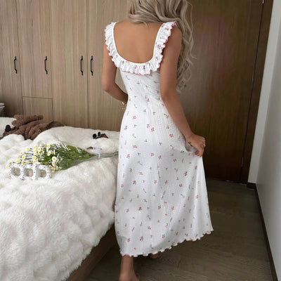 Small Floral Print Ribbed Fabric Ruffled-edged Strap Maxi-length Sleepwear