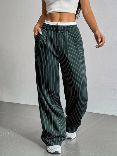 Stripe Printed Trousers Fashion High Waist Straight Leg Pants With Pocket Zipper Casual Suit Pants For Women