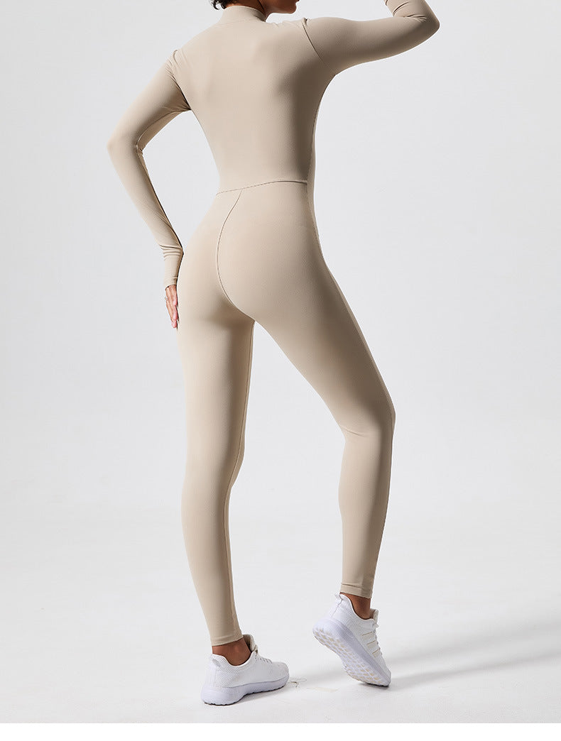 Long Sleeve Outdoor Sports Jumpsuit Workout Clothes Zipper Training Skinny Hip Raise Yoga Clothes